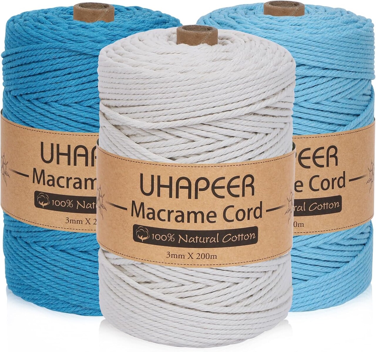 220yds 3mm Macrame Cotton Cord, 3 Colors for DIY Crafts & Decor